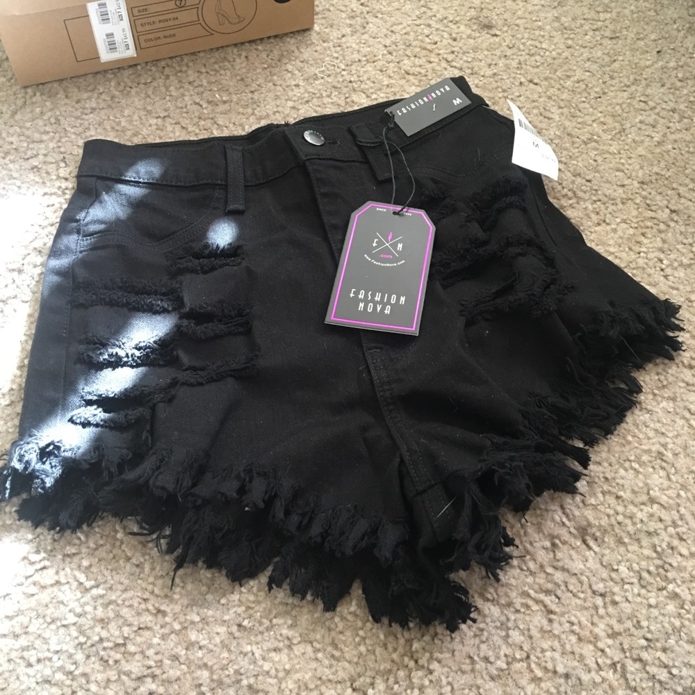 Black Distressed High Waisted Shorts